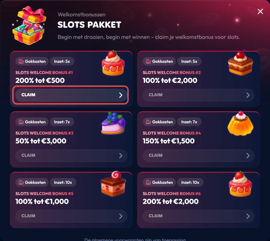 Knop CLAIM bij Slots Welcome Bonus 1 van 200% tot 500 euro