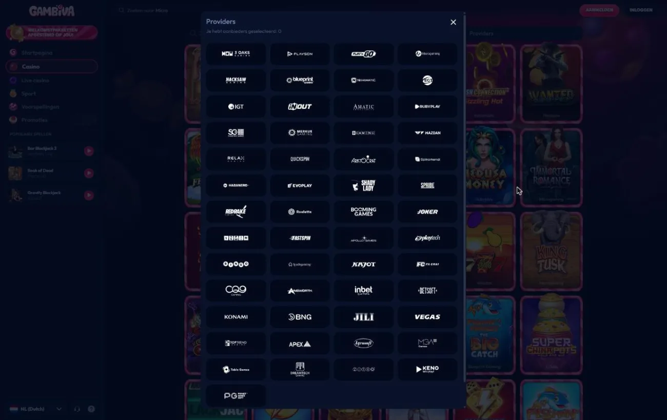 Overzicht van alle casinoproviders in het filter van Gambiva