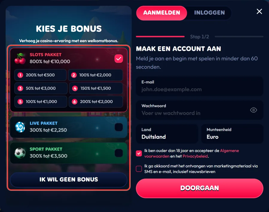 Blok Kies je bonus met Slots, Live en Sport Pakket