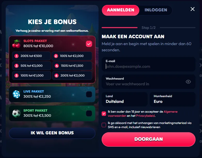 Registratie stap 1: bonus kiezen, e-mail, wachtwoord, land en valuta