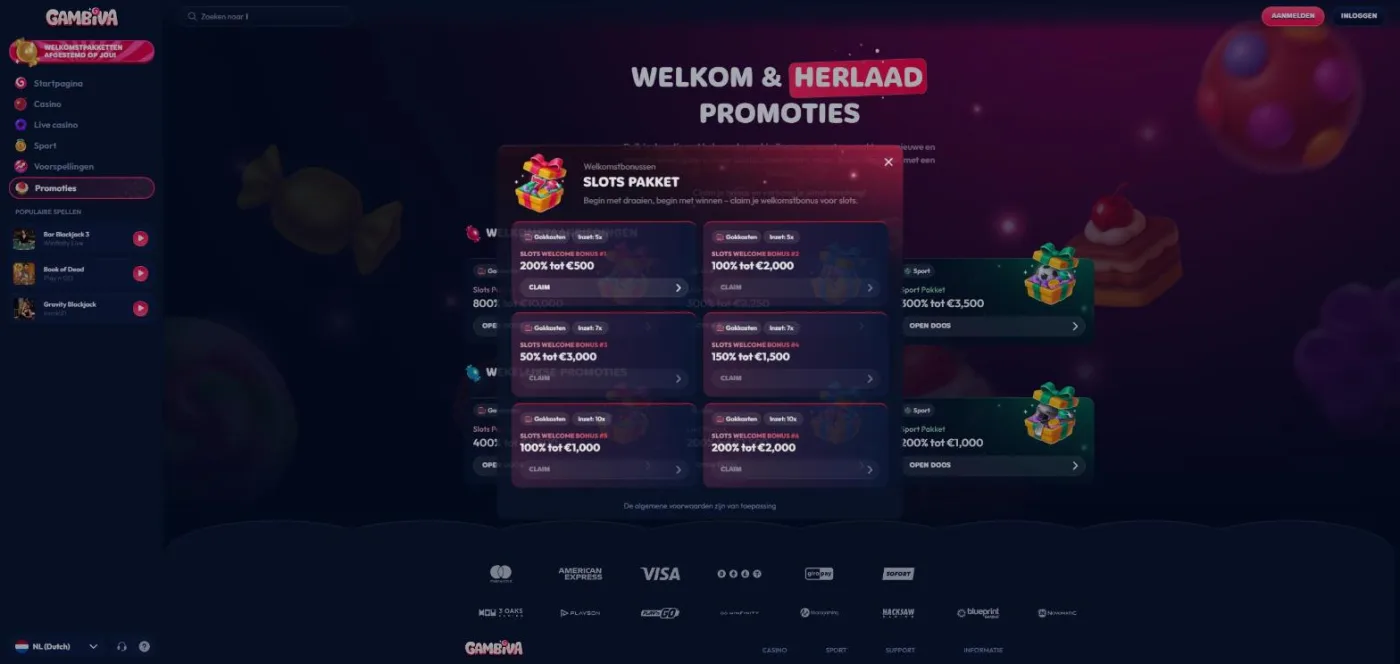 Slots Pakket van Gambiva met zes welkomstbonussen per storting